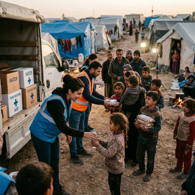 Volunteers distributing aid