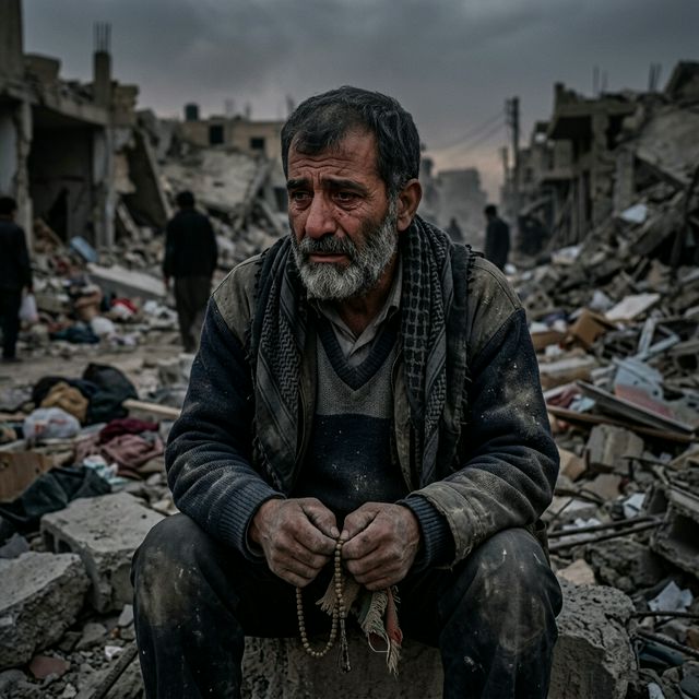 Mourning civilian in rubble