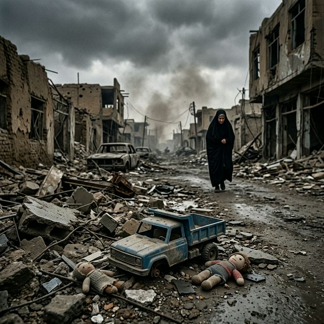 Child's toy in ruined street